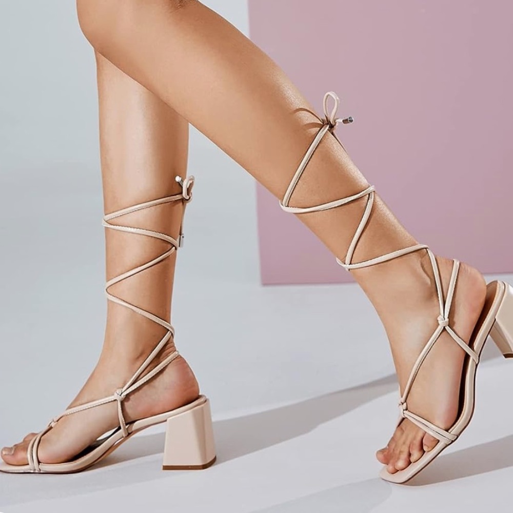 vivianly Women's Lace Up Chunky Heel Sandals Strappy Ankle Wrap Heels Nude